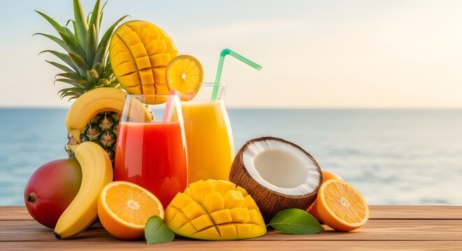 Aneka jus buah musim panas segar di gelas dengan mangga kelapa dan nanas berlatar belakang laut