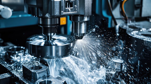 Cnc milling machine performing precision metalworking, shaping industrial components with high speed cutting tools and a continuous flow of coolant fluid
