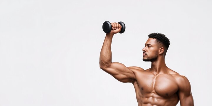 Muscular man with defined abs lifting a dumbbell for strength training