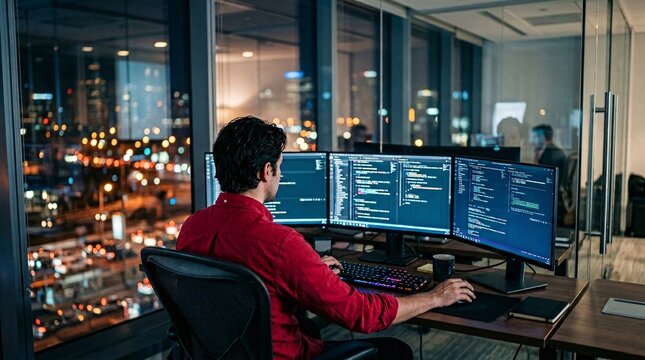 Focused software developer in a crimson shirt sits facing multiple glowing monitors inside a sleek modern glass-walled corporate office.