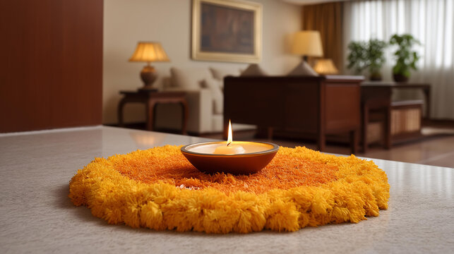 A vibrant flower rangoli surrounding a glowing samai diya in a luxurious home interior, no people, rangoli art, samai diya, diwali celebration, flower decoration, luxurious home, festive setup,