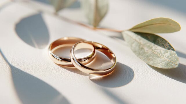 Elegant golden wedding rings on textured surface with leaf shadows