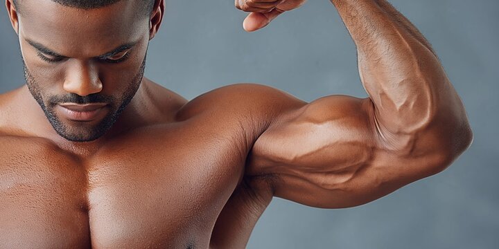Muscular man flexing his bicep, showcasing defined muscles and veins on a grey background