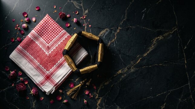 Traditional Keffiyeh and Golden Agal on Luxury Dark Marble