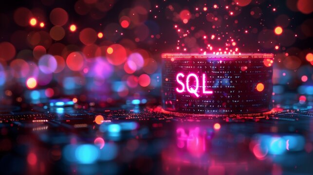 SQL database icon glows vibrant red amid colorful digital bokeh. Futuristic tech scene evokes data processing and cyber security themes. Perfect for websites, presentations