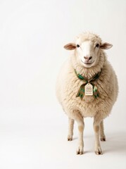 Fototapeta premium Fluffy White Sheep Standing on Clean White Background with Copy Space