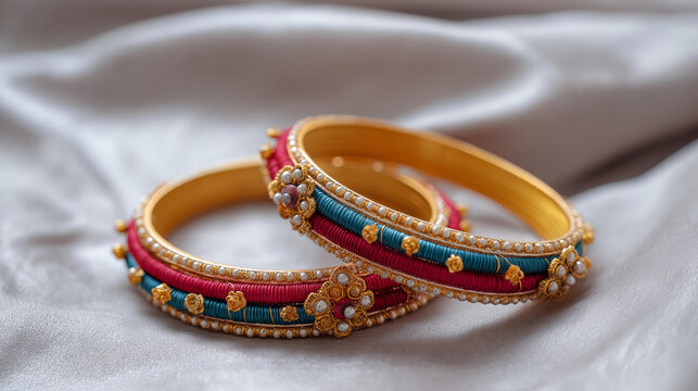 A pair of traditional payal anklets and colorful bangles on a silk fabric, no people, bridal jewelry, payal, bangles, cultural, heritage, traditional, elegance, festive, feminine, accessories,
