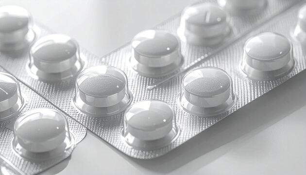 Pharmaceutical pills:  Close-up of a blister pack of white pills, signifying health, medicine, and pharmaceutical treatments. The pills stand out in their sleek, modern packaging.