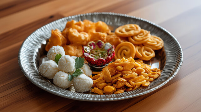 An overhead flat lay of traditional diwali snacks including chakli, laddu, sev and chivda on a decorative plate, no people, diwali snacks, festival food, traditional sweets, faral, colorful flat