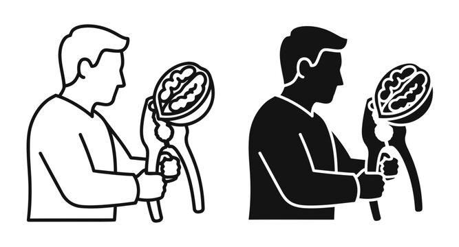 Man cracking walnut icon set with nutcracker tool, outline and solid style, isolated on white background