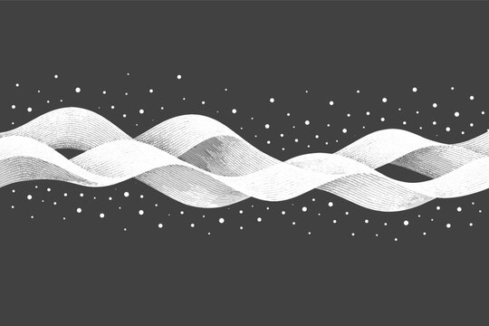 Abstract Textured White Wave Pattern with Scattered Dots on Dark Gray Background; Simple Flat Vector Illustration of Flowing Ribbons and Circular Particles for Modern Minimalist Graphic Design.