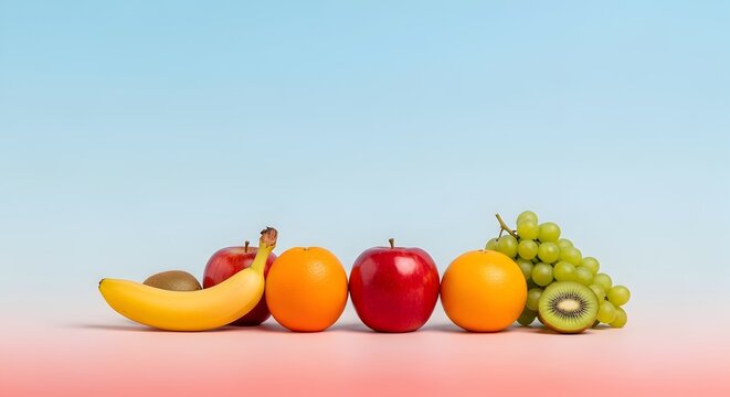 Barisan buah segar pisang apel jeruk kiwi dan anggur di latar pastel