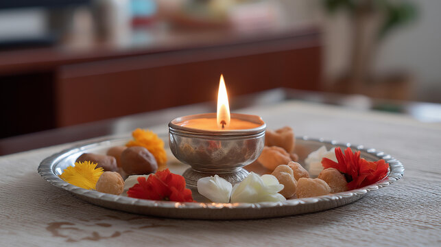 A samai diya burning indoors surrounded by flower petals and a silver thali with sweets, no people, samai diya, indoor diwali, hindu tradition, festive glow, flower petals, silver thali,
