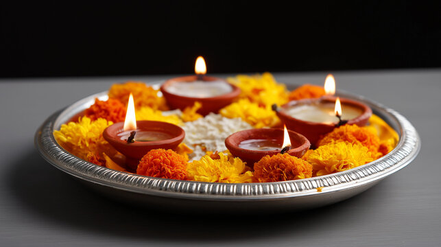 A beautifully decorated thaali filled with glowing earthen lamps, marigold petals and offering items, no people, festive thaali, diwali diyas, hindu festival, colorful decoration, traditional
