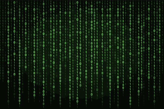 Abstract Digital Background with Dense Green Binary Code Matrix Pattern Falling on a Black Surface, Representing Cyber Security, Data Stream, Computer Programming, and High-Tech Information
