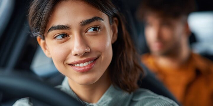 Smiling Indian woman driving instructor guides a learner driver in a car
