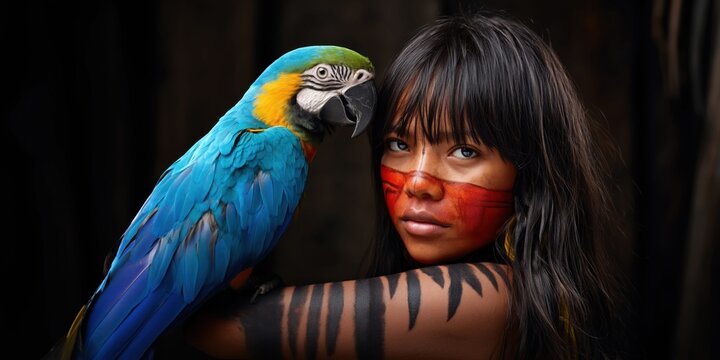 Indigenous child with face paint and a blue and yellow macaw parrot on shoulder