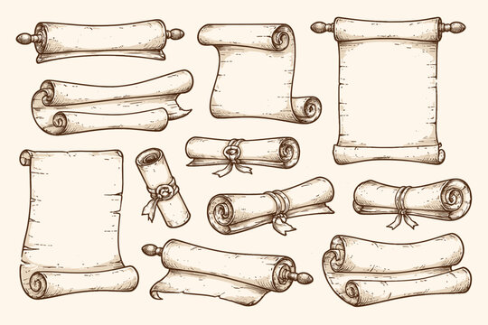 Collection of Vintage Hand-Drawn Parchment Scrolls and Old Paper Manuscripts, Antique Medieval Document Sketches with Ribbons and Seals, Retro Vector Illustration Set for Graphic Design.