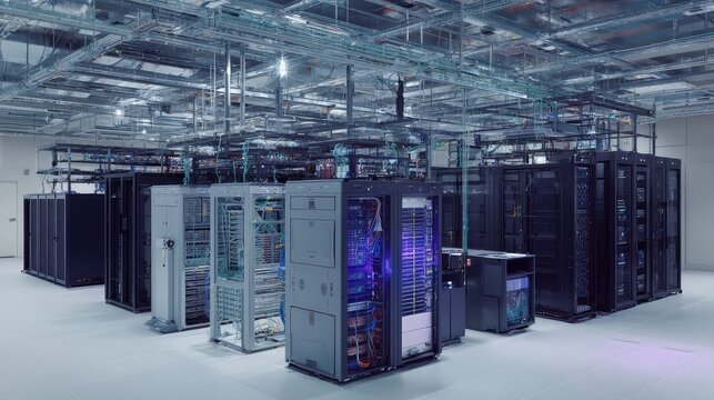 Servers and network hardware line a modern data center, managing vast amounts of data and ensuring high speed digital connectivity for global communication and computing