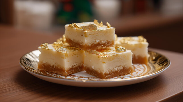 A close-up of traditional indian mithai on a decorative plate with gold foil, no people, traditional mithai, indian sweets, gold foil, festive food, cultural, heritage, traditional, elegance,