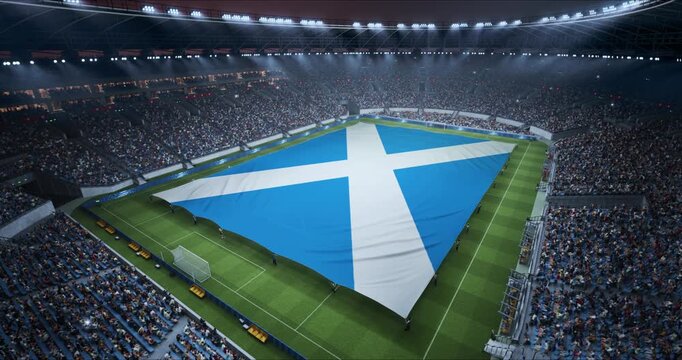 Professional Stadium With Soccer Game Championship With Flag of Scotland Spread Across Pitch Before Football Match Start. Cheering Crowds of Fans Fill the Arena for a Stirring Ceremony. Wide Shot