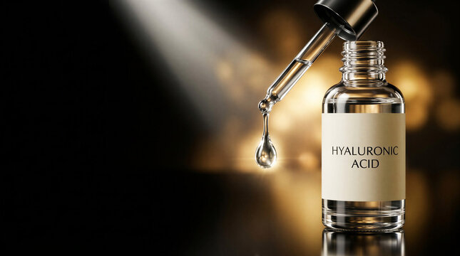 Transparent bottle of hyaluronic acid serum with dropper and light  