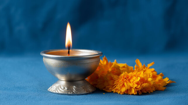 A burning candle in a decorated holder beside marigold petals on a blue fabric background, no people, divali celebration, candle flame, flower decoration, blue background, festive setup,