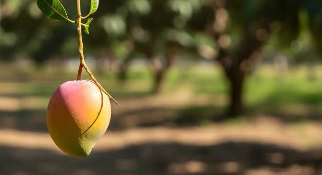 Satu buah mangga segar menggantung di dahan pohon di tengah perkebunan cerah