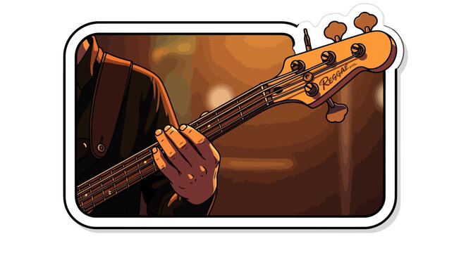 Illustration of a musician playing an electric bass guitar on a dark stage
