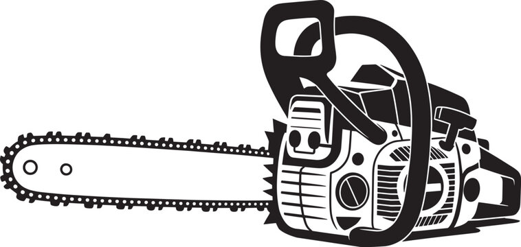 Chainsaw hand drawn vector illustration. saw for lumberjack logo. wood cutting machine emblem.