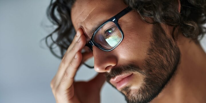 Man with glasses rubbing his temples, experiencing eye strain from screen time