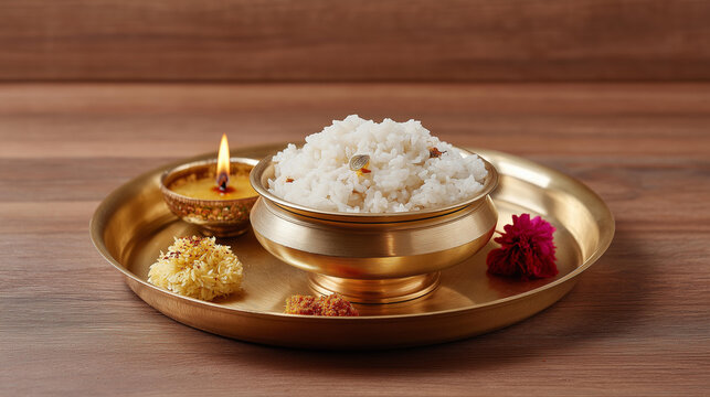 A traditional brass thali with rice, ghee, diya, kumkum and incense for aarti on a wooden altar, no people, aarti thali, puja setup, brass thali, cultural, hindu ritual, traditional, heritage,