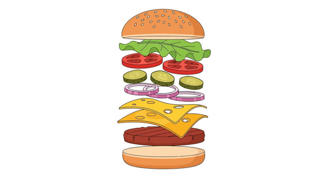 Illustration of an exploded burger with floating ingredients isolated on white background