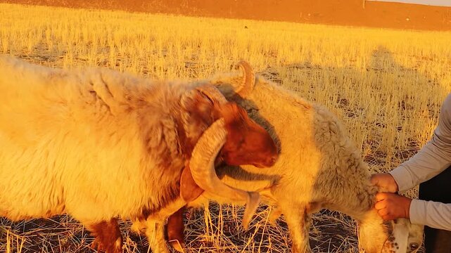 Awassi sheep ram mating with ewe in open pasture as shepherd assists. Authentic livestock breeding at sunset, ideal for agriculture, grazing, animal husbandry, and rural life content.