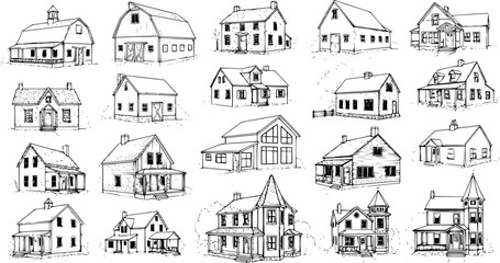 Naklejka premium Hand-Drawn Architectural Sketches: Diverse Houses and Barns, Black and White Line Art Collection