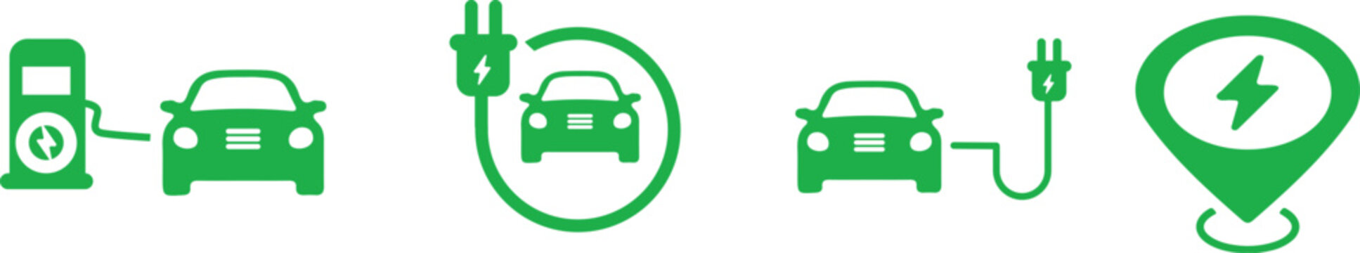 Green electric cable charging icon set. EV station, plug, socket, hybrid car, green electric car with plug symbol on white background. power, plug, renewable, electricity vector