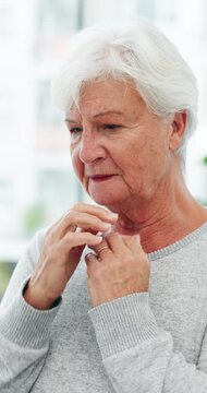 Chest pain, coughing and senior woman in clinic for checkup with lung infection, asthma or heartburn. Medical consultation, discomfort and elderly female patient with respiratory virus in office.