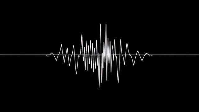 Abstract digital sound wave visualization, featuring white fluctuating lines on a black background, representing audio frequency, technological data, and rhythmic energy vibration