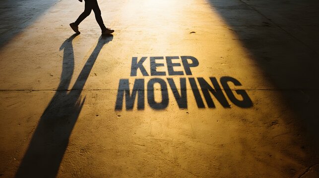 Keep moving text with long shadow of walking person on sunlit ground.