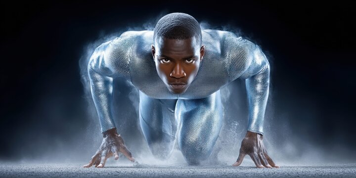 Determined athlete in shimmering silver suit crouches at starting line, ready to sprint