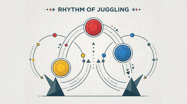 Juggling Rhythm Illustration with Red Yellow and Blue Objects and Geometric Shapes on White Background Showing Coordination and Balance