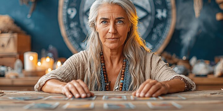 Wise older woman with gray hair reads tarot cards in a mystical, candlelit room