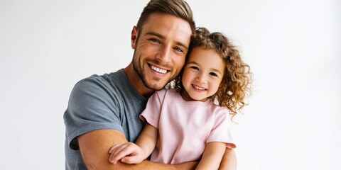 Fototapeta premium Happy father embracing his smiling daughter with curly hair against a white background