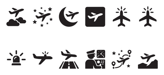 Obraz premium Collection of black and white vector icons representing various aspects of air travel, including flights, navigation, and airport services.