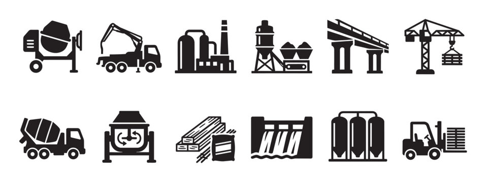 Set of black icons illustrating construction industry heavy machinery and equipment, suitable for representing building projects, industry, and development.
