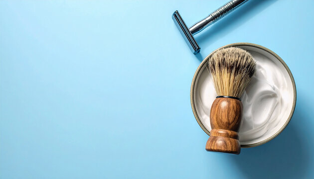 flat lay men's grooming essentials with shaving brush, razor, and bowl of shaving cream against blue background
