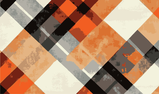 Abstract geometric seamless pattern with grunge texture and diagonal plaid shapes in orange and black