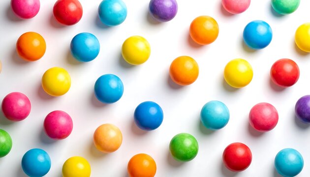 Overhead shot of numerous spherical objects in a vibrant array on a plain white backdrop. A visually appealing pattern of colors