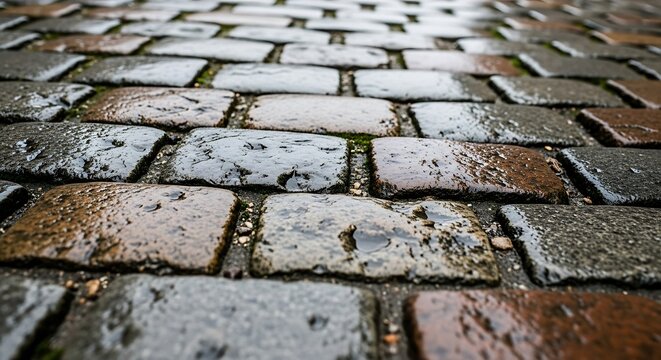 wet cobblestone street pavement bricks road.
