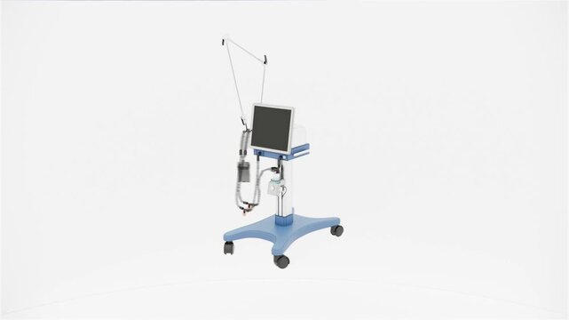 Portable Medical Ventilator Machine with Monitor on Wheeled Stand Isolated on White Background